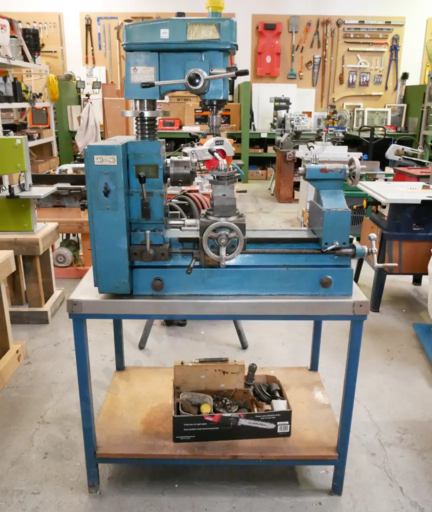 Chizhou metal workers lathe with drilling/milling machine on homemade stand with box of accessories, Model HQ400-3nil Image 1++