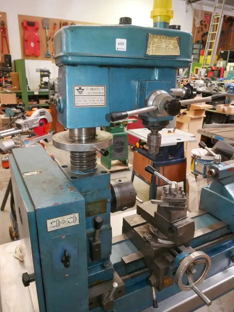 Chizhou metal workers lathe with drilling/milling machine on homemade stand with box of accessories, Model HQ400-3nil Image 1++