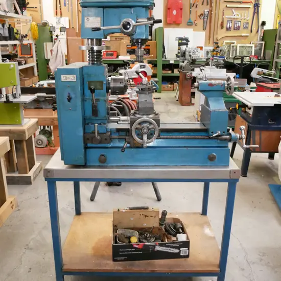 Chizhou metal workers lathe with drilling/milling machine on homemade stand with box of accessories, Model HQ400-3nil