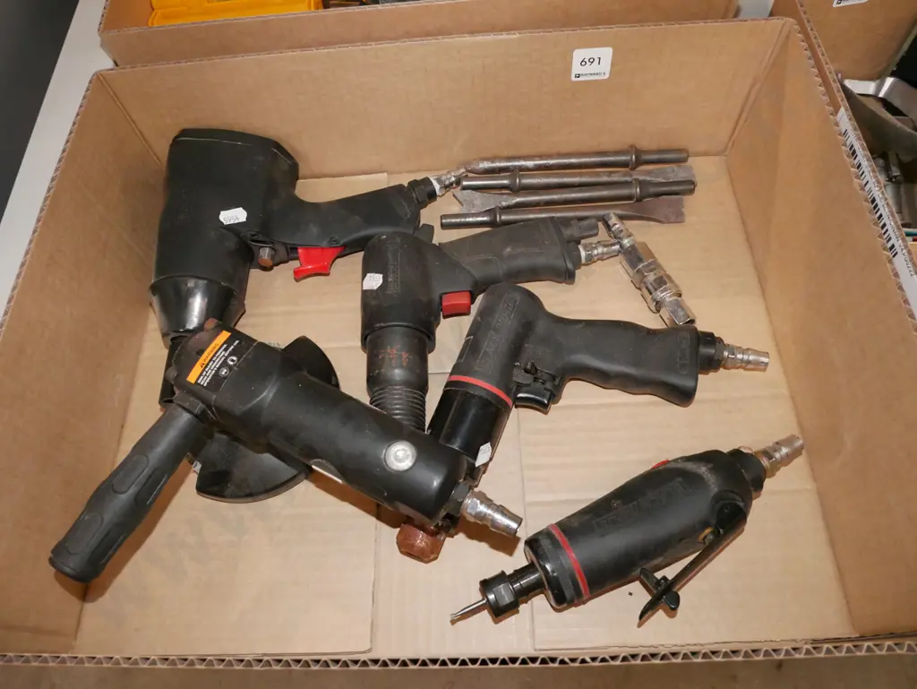 box of air powered tools; grinders, driver set Image 1++