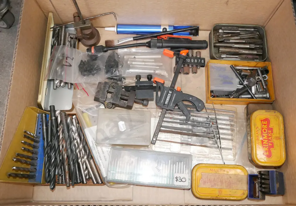 box; drill bits, small engineer's vice etc Image 1++
