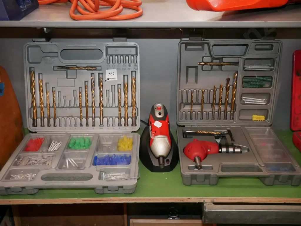 cased drill bits, cased right angle adaptor, Black & Decker screwdriver, drill Image 1++
