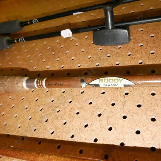 fly rod, spinning reel and rod - yellow dots