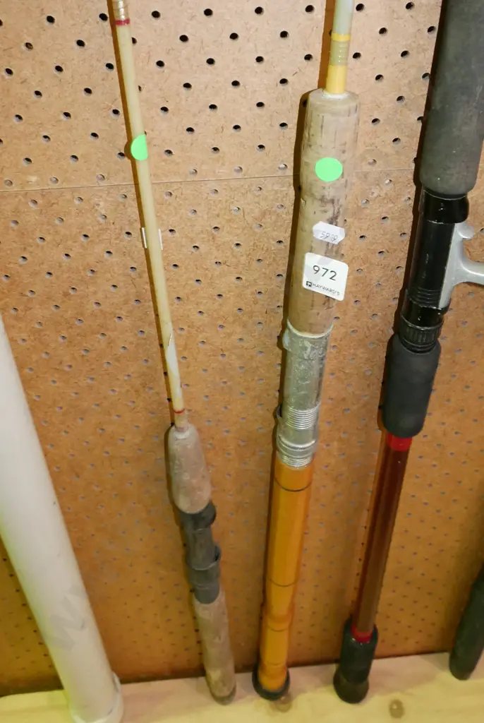 2x fishing rods, plastic rod containers - green dots Image 1++