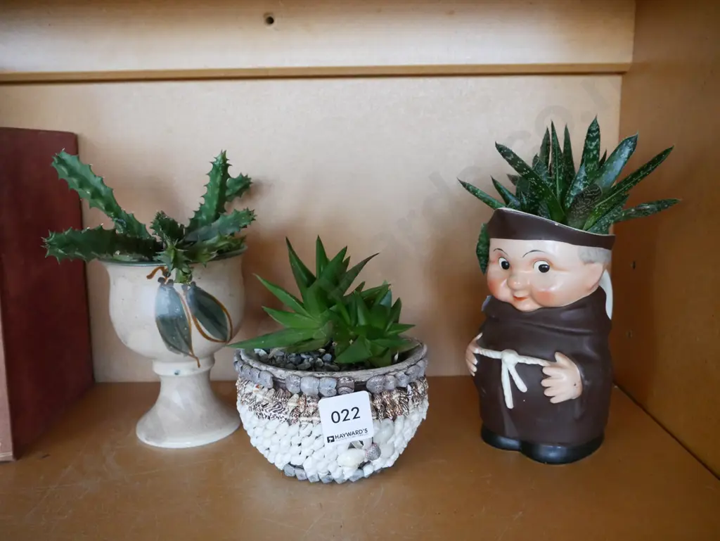  small succulents in planters, Hummel monk jug Image 1++