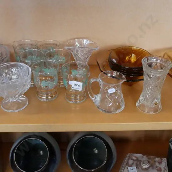 shelf of glass ware; crystal, tumblers etc