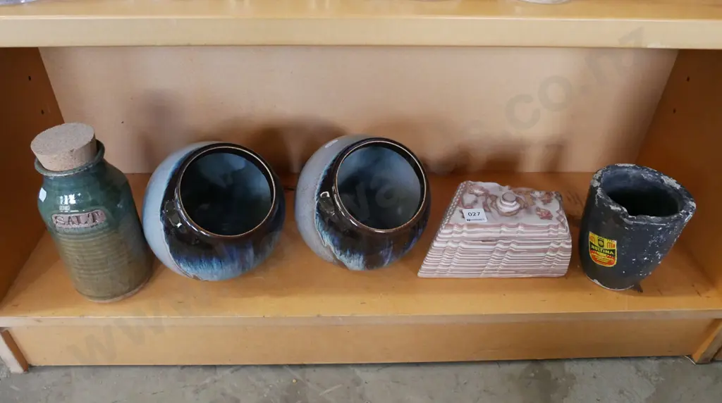 shelf; studio pottery canisters, carved stone lidded box, crucible etc Image 1++