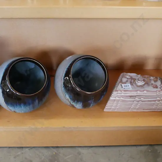 shelf; studio pottery canisters, carved stone lidded box, crucible etc