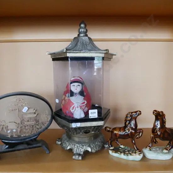 horse figurines, Asian cork picture, cast metal pagoda display case H-410