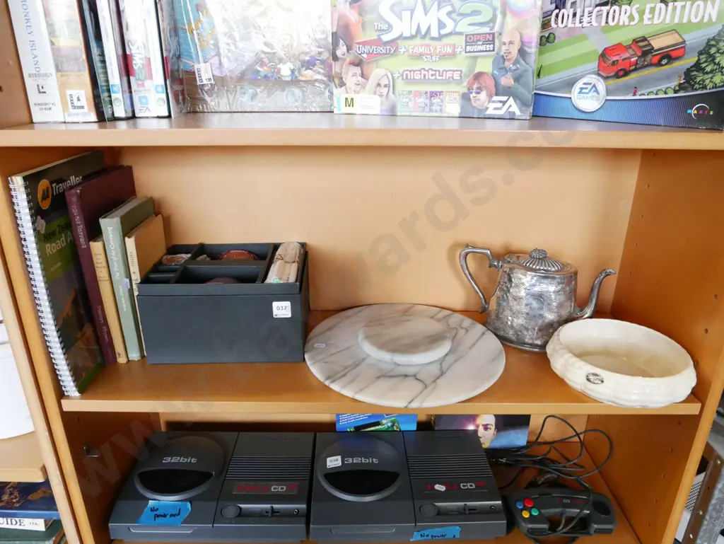 shelf; chocolate fondu kit, books, plated tea pot etc Image 1++