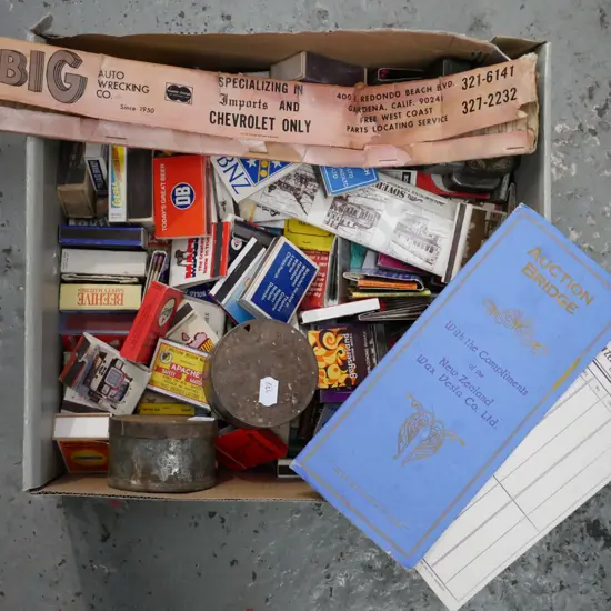 box of various vintage matchboxes, metal vesta boxes etc