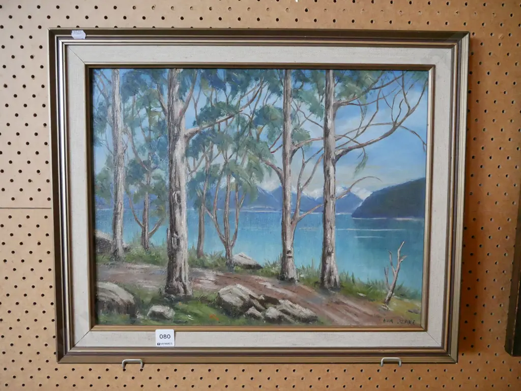 framed oil -trees, lake, mountain scene Image 1++