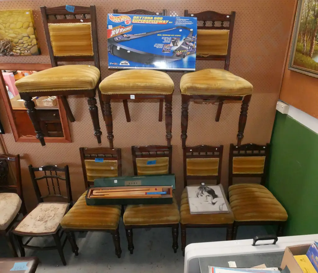 7x Edwardian turned leg spindle back dining chairs - some need attention Image 1++