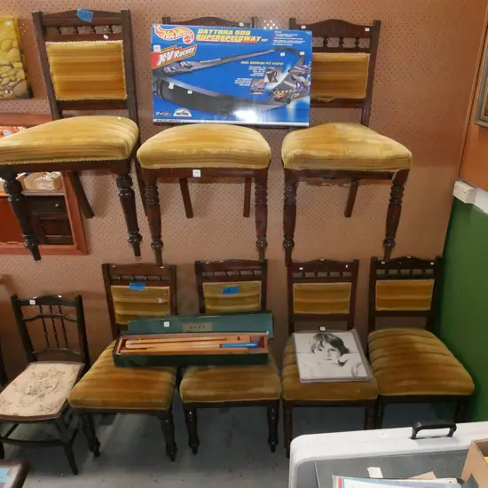 7x Edwardian turned leg spindle back dining chairs - some need attention