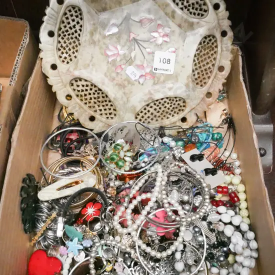 box; carved stone wall charger, costume jewellery