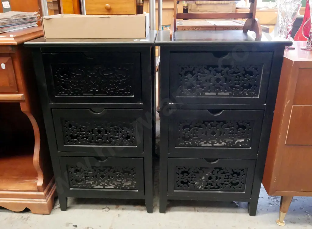 2x mdf black painted 3 drawer bedside cabinets with pierced scroll work fronts Image 1++
