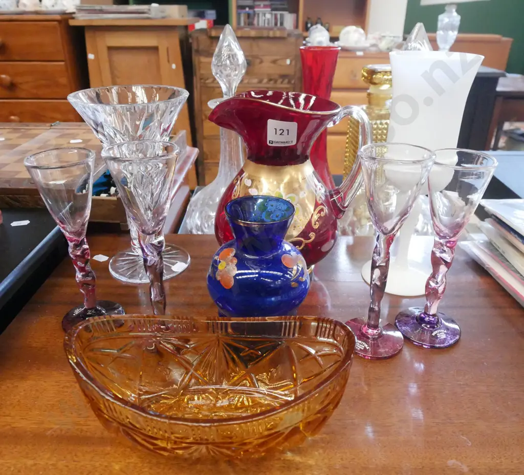 hand painted Italian ruby glass jug, cut crystal vase, amber glass bowl etc Image 1++