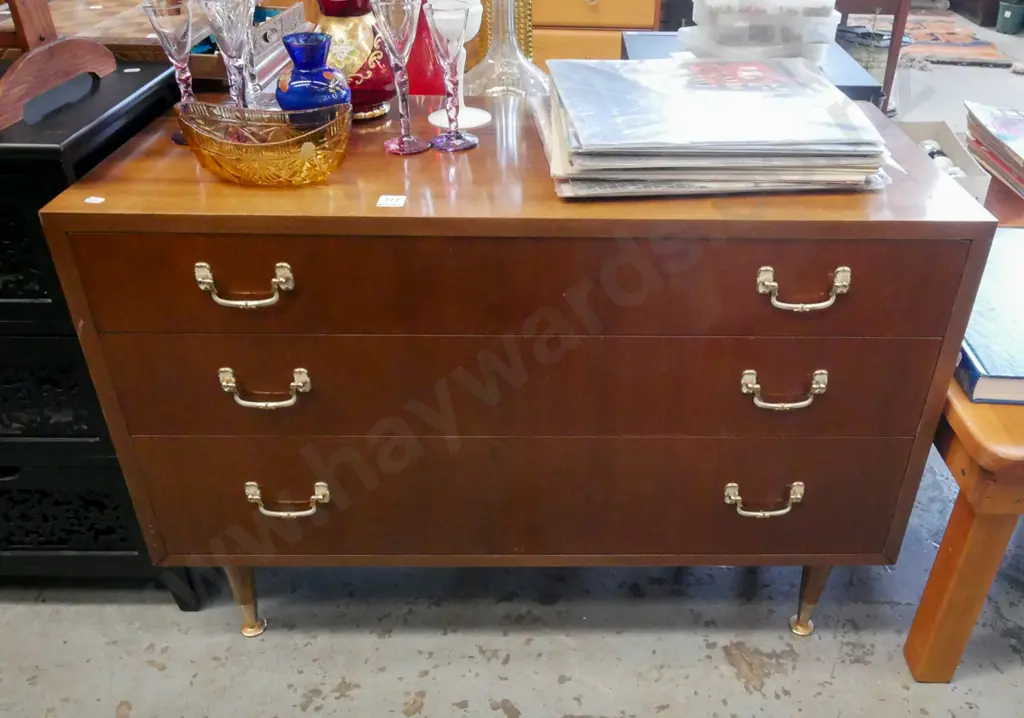 mid-century 3 drawer lowboy with brass drop handles H-630 W-900 D-385 Image 1++