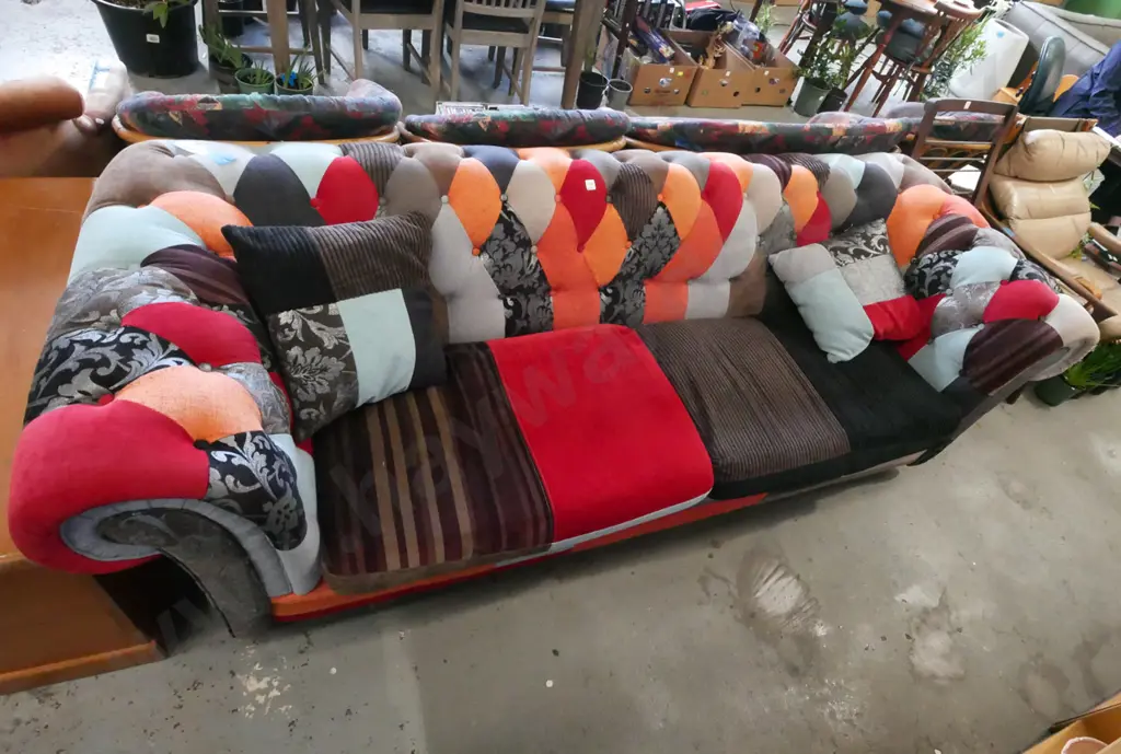 modern deep buttoned patchwork upholstered rolled arm 3 seater chesterfield  Image 1++