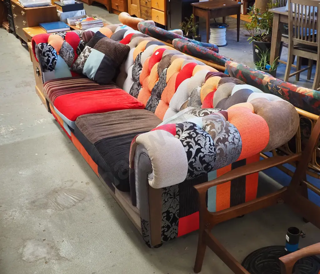 modern deep buttoned patchwork upholstered rolled arm 3 seater chesterfield  Image 1++