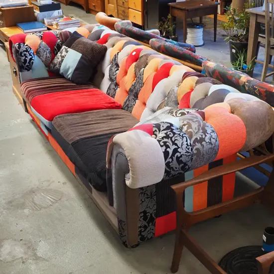 modern deep buttoned patchwork upholstered rolled arm 3 seater chesterfield 