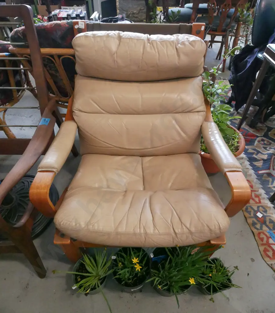 1980s bent ply and taupe leather armchair - some wear both wood and leather Image 1++