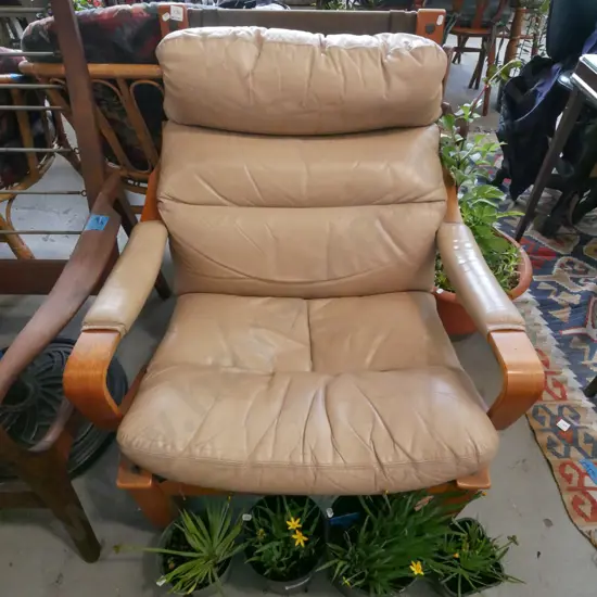 1980s bent ply and taupe leather armchair - some wear both wood and leather