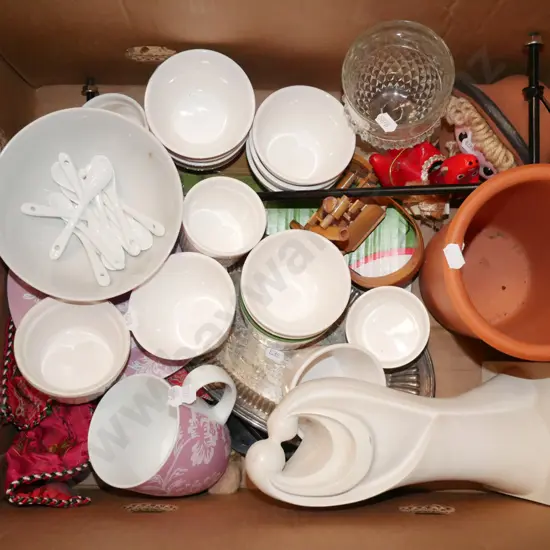 box; figurines, terracotta wine cooler, small bowls etc