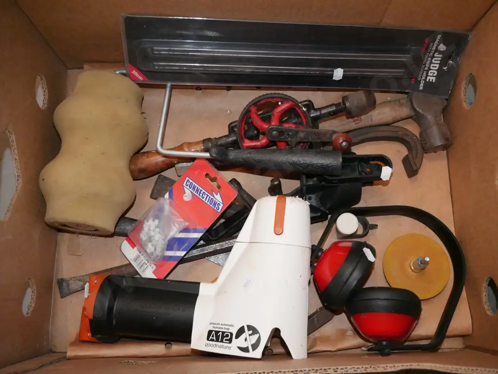 box; automatic possum trap, paint roller, magnetic knife holder etc Image 1++