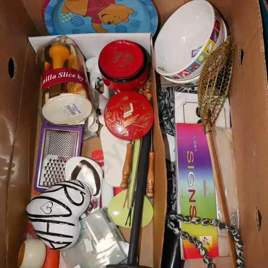 box; plates, bowls, kitchen utensils etc