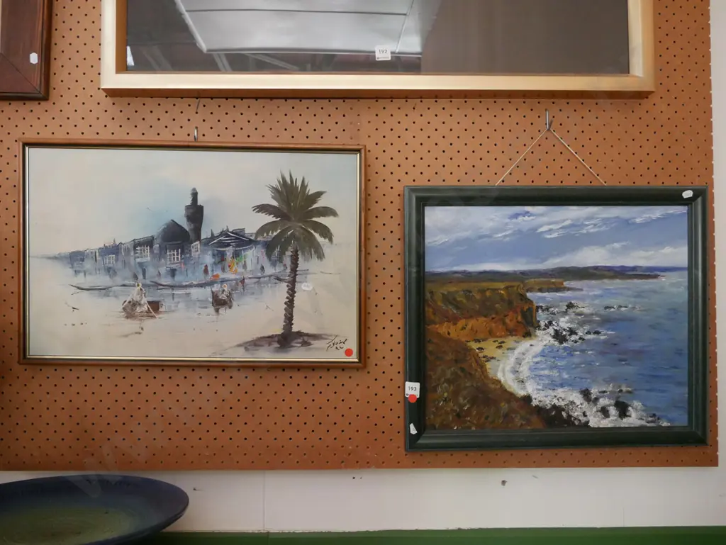 2x framed oils - coastal scenes - red dots Image 1++
