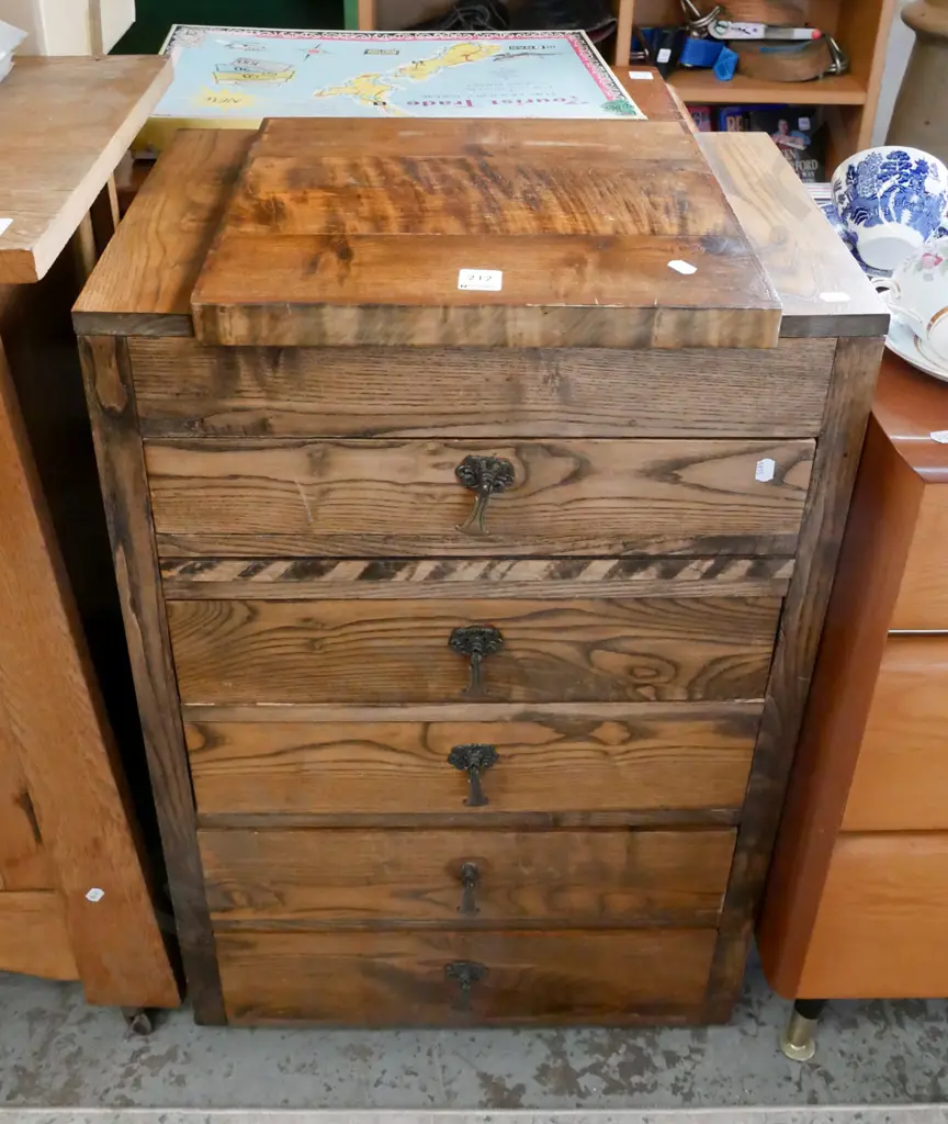 oak 5 drawer sewing chest with lift up top and pin cushion and organiser H-780 W-480 D-340 Image 1++