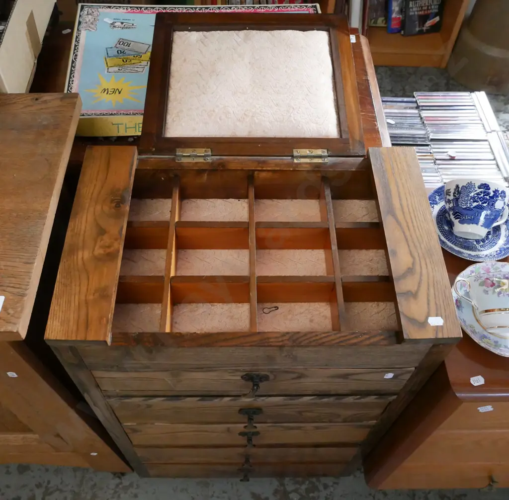 oak 5 drawer sewing chest with lift up top and pin cushion and organiser H-780 W-480 D-340 Image 1++