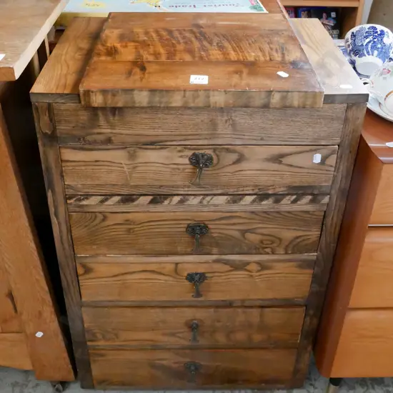 oak 5 drawer sewing chest with lift up top and pin cushion and organiser H-780 W-480 D-340