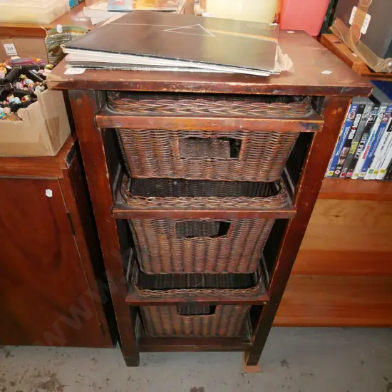 wooden chest with 3 pullout basket drawers - some wear to finish H-910 W-460 D-355