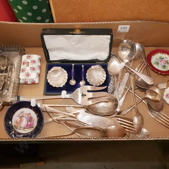 box; cutlery, open salts, miniature tea pot etc