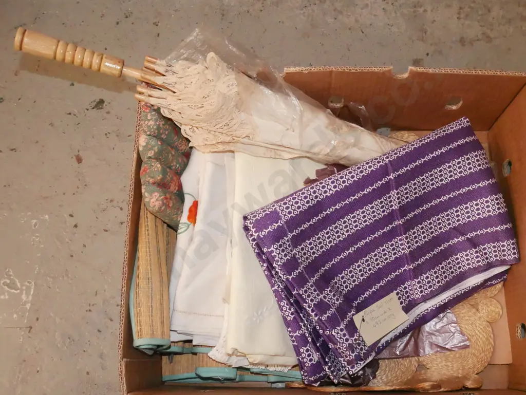 box; parasol, retro fabric (purple sail cloth), hand worked linen etc Image 1++