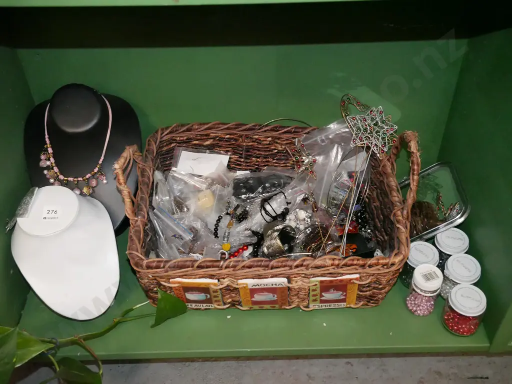 cane basket, jewellery stands, costume jewellery, beads etc Image 1++