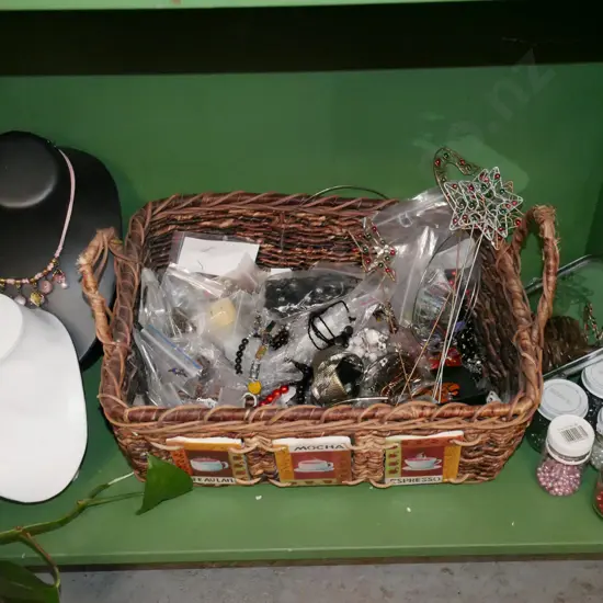 cane basket, jewellery stands, costume jewellery, beads etc