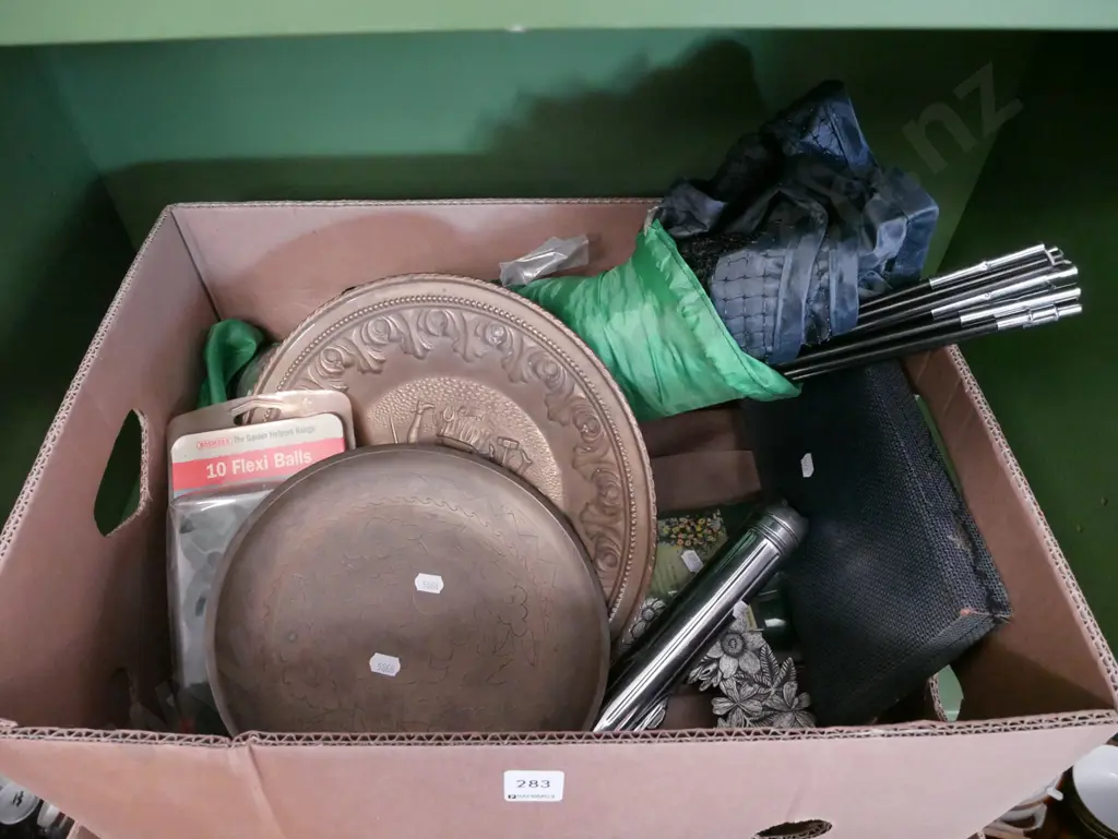 box; vintage torch, pressed brass wall chargers, gardener's mini dome cover etc Image 1++