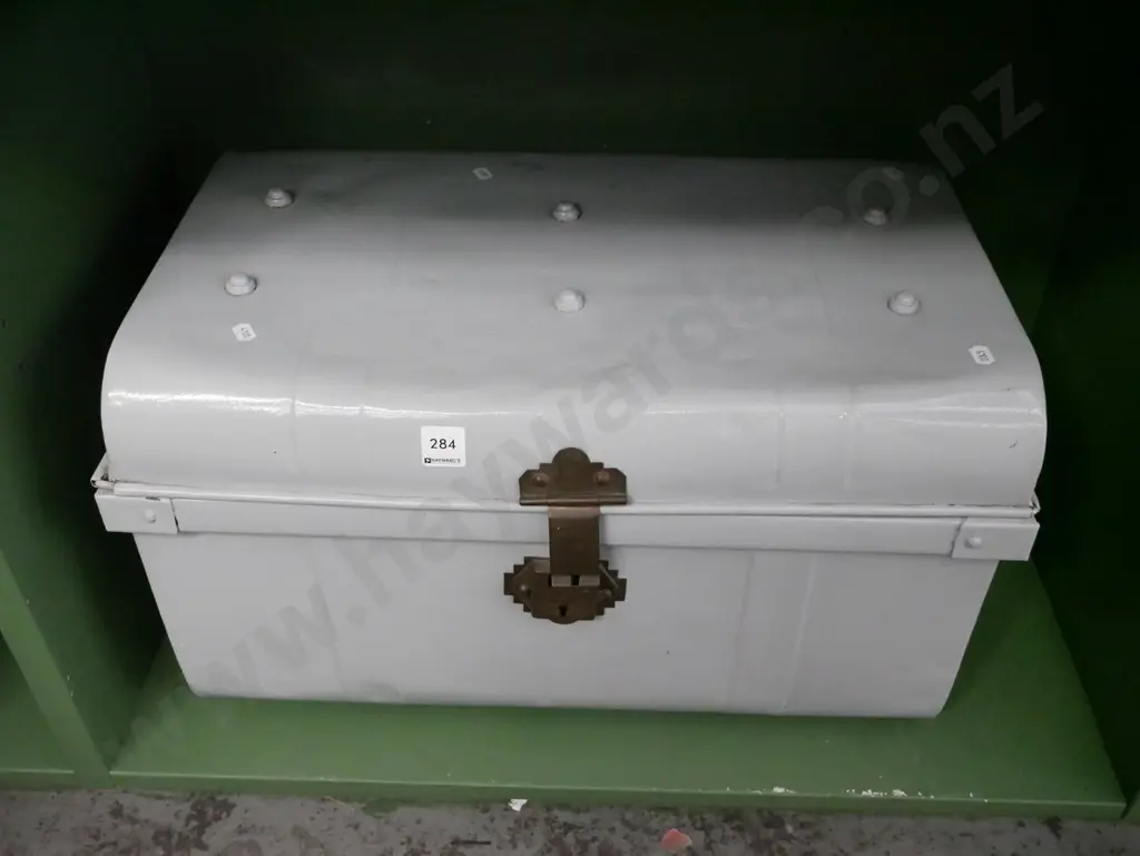 small grey painted vintage tin trunk  Image 1++