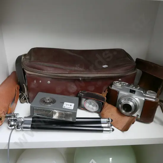 vintage camera, bag, light meter etc