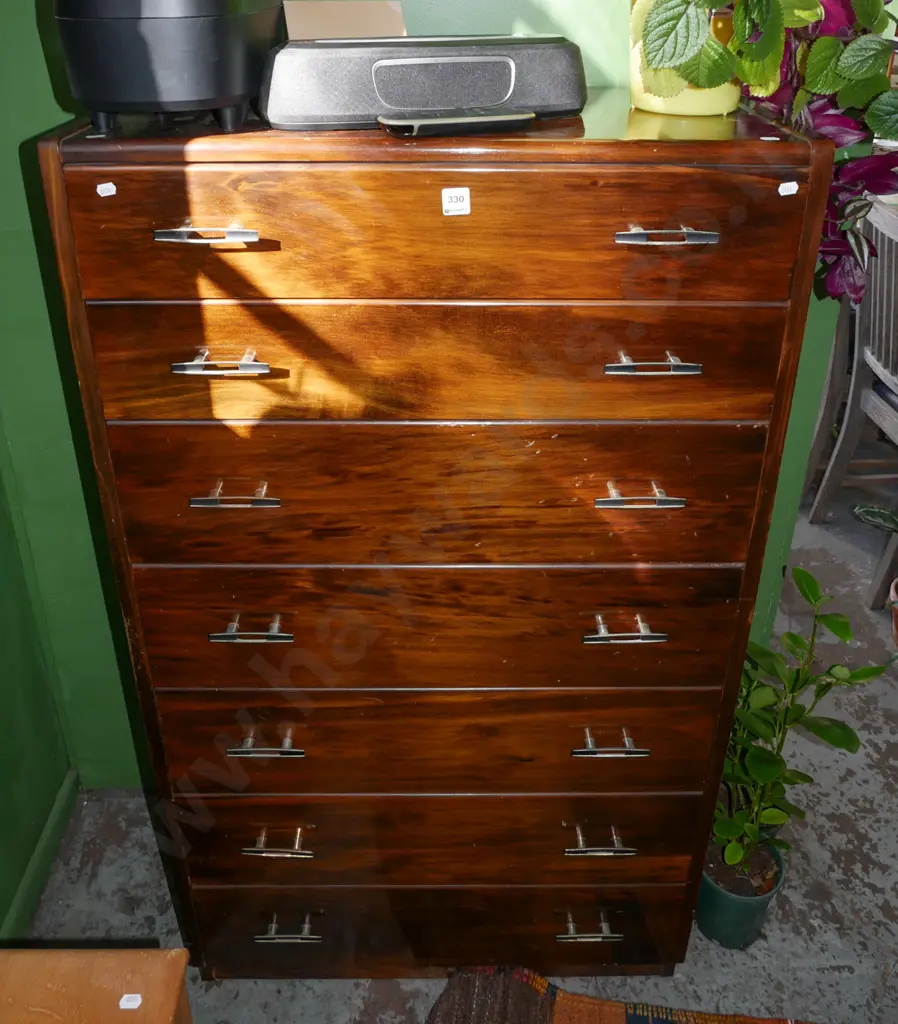 dark stained rimu 7 drawer tallboy- varnish needs attention  H-1300 W-725 D-380 Image 1++