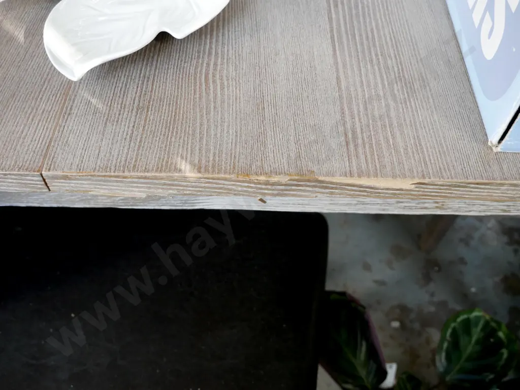 distressed wood extending dining table with 6 matching vinyl chairs  Image 1++