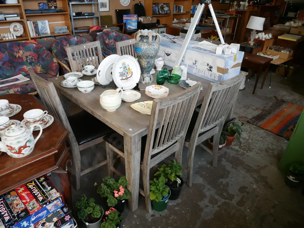 distressed wood extending dining table with 6 matching vinyl chairs  Image 1++