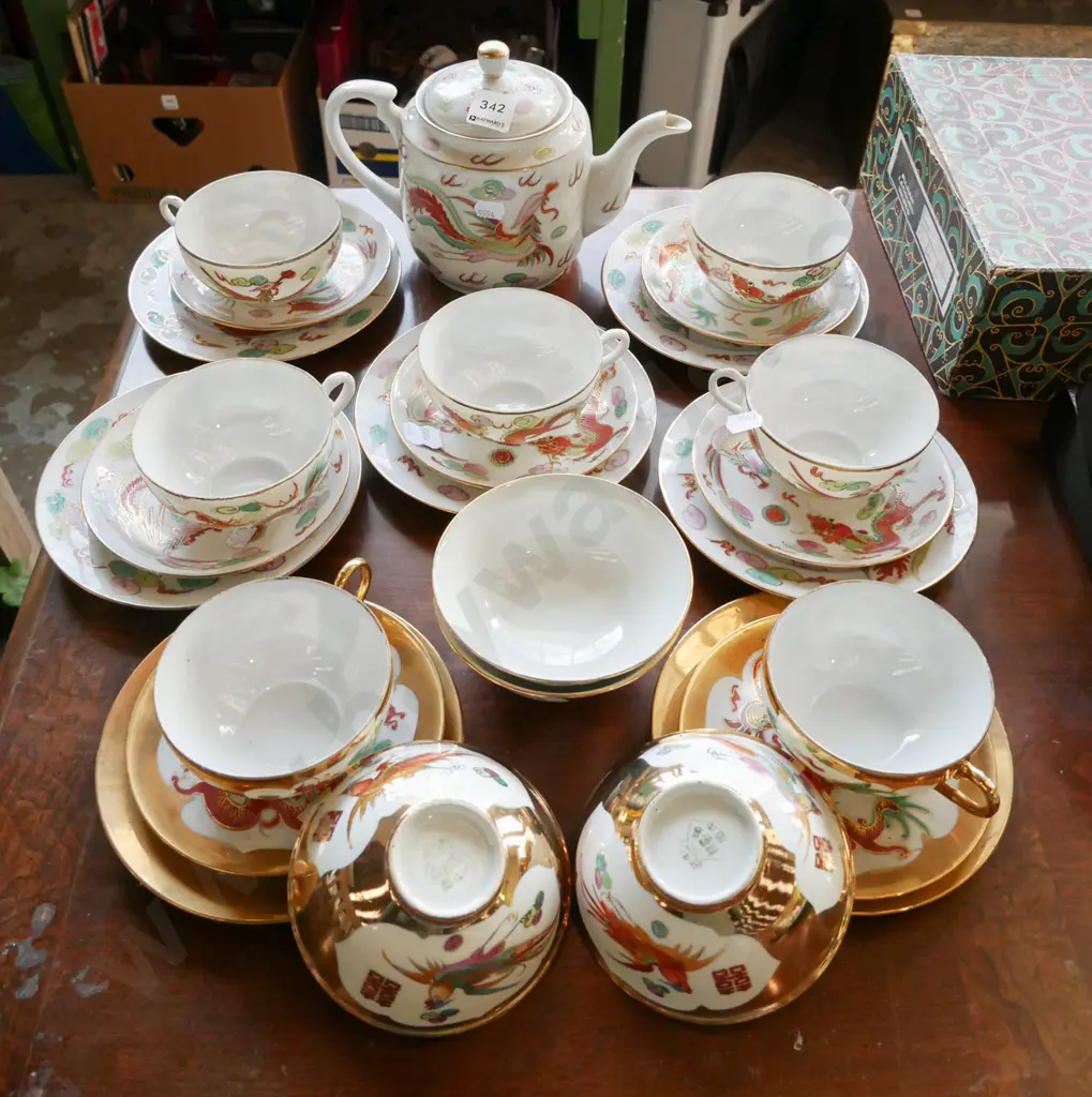 Chinese tea set; pot, cups, saucers, bowls - some mismatched Image 1++