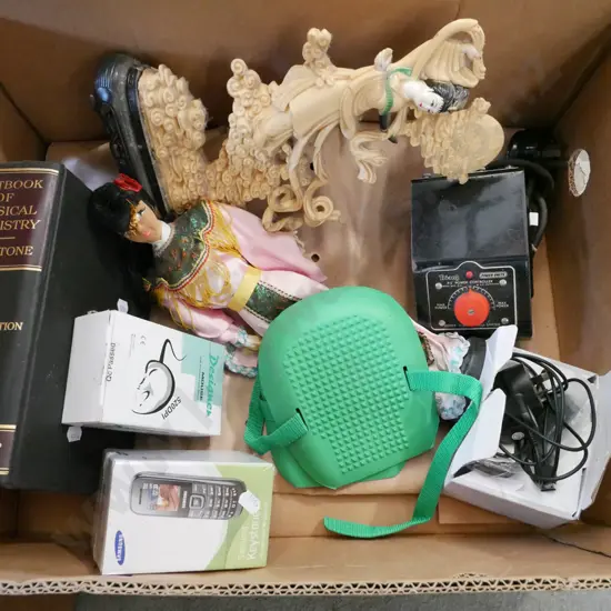 box; chemistry books, Samsung phone, dolls etc