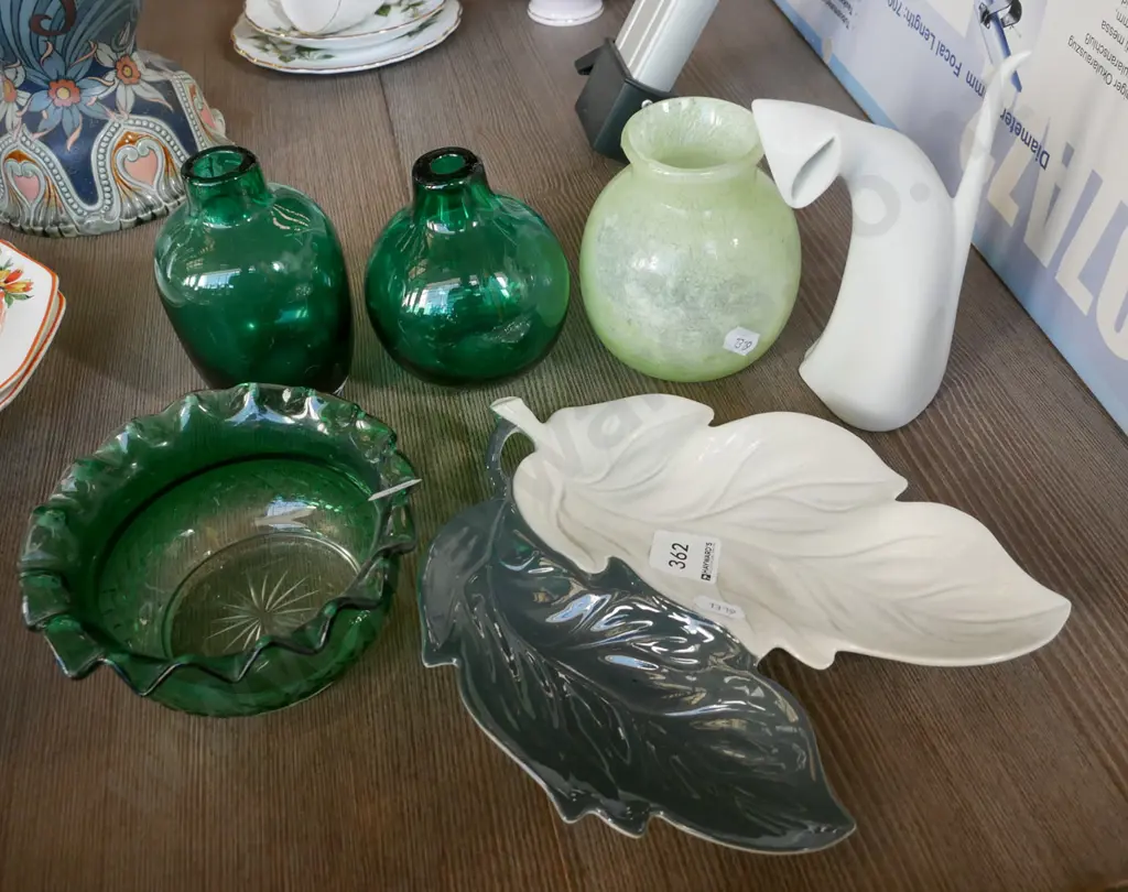 cat figurine, glass vases, bowl, Carlton leaf dish Image 1++