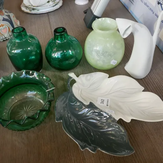 cat figurine, glass vases, bowl, Carlton leaf dish
