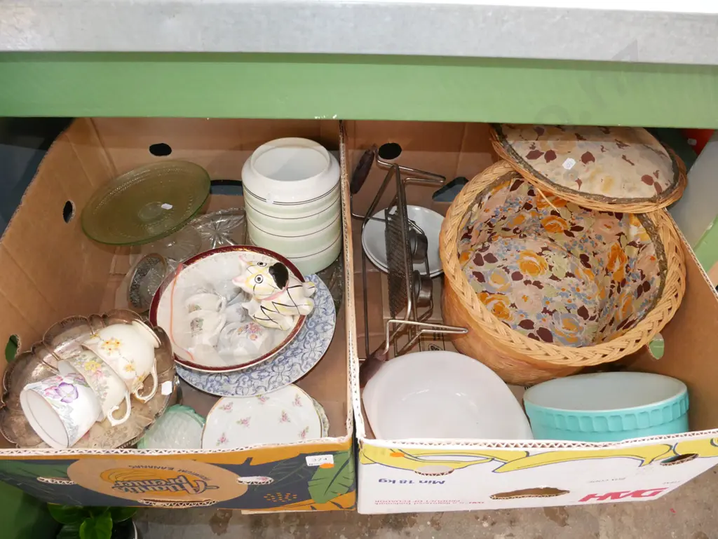 2x boxes; cane box, cake stand, cups, pyrex dish etc -orange dots Image 1++